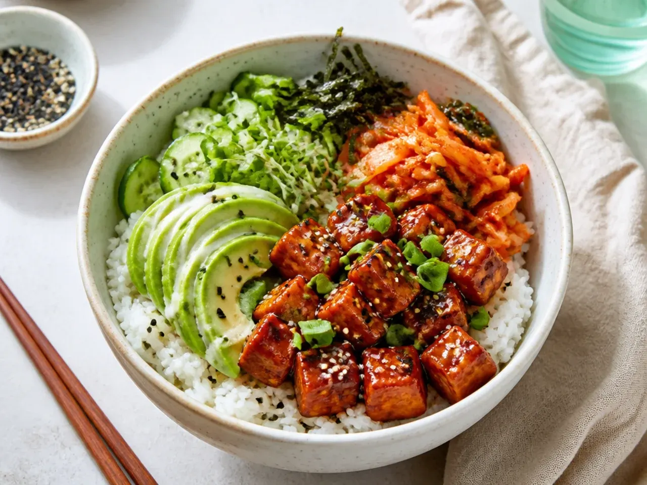 Bold vegan sushi bowl with gochujang tofu and kimchi over rice
