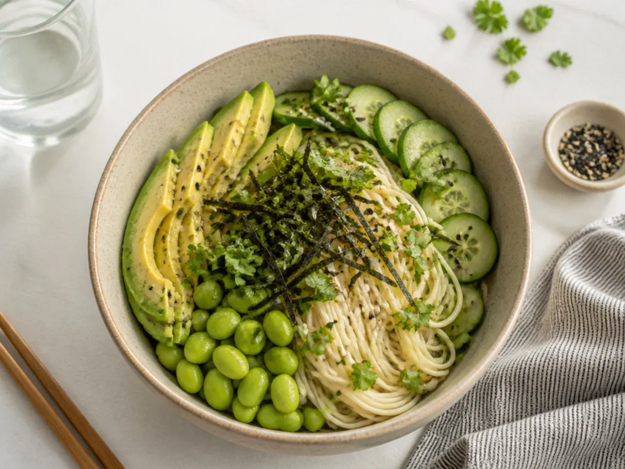 Delicate chilled vegan sushi bowl with somen noodles, cucumber and herbs