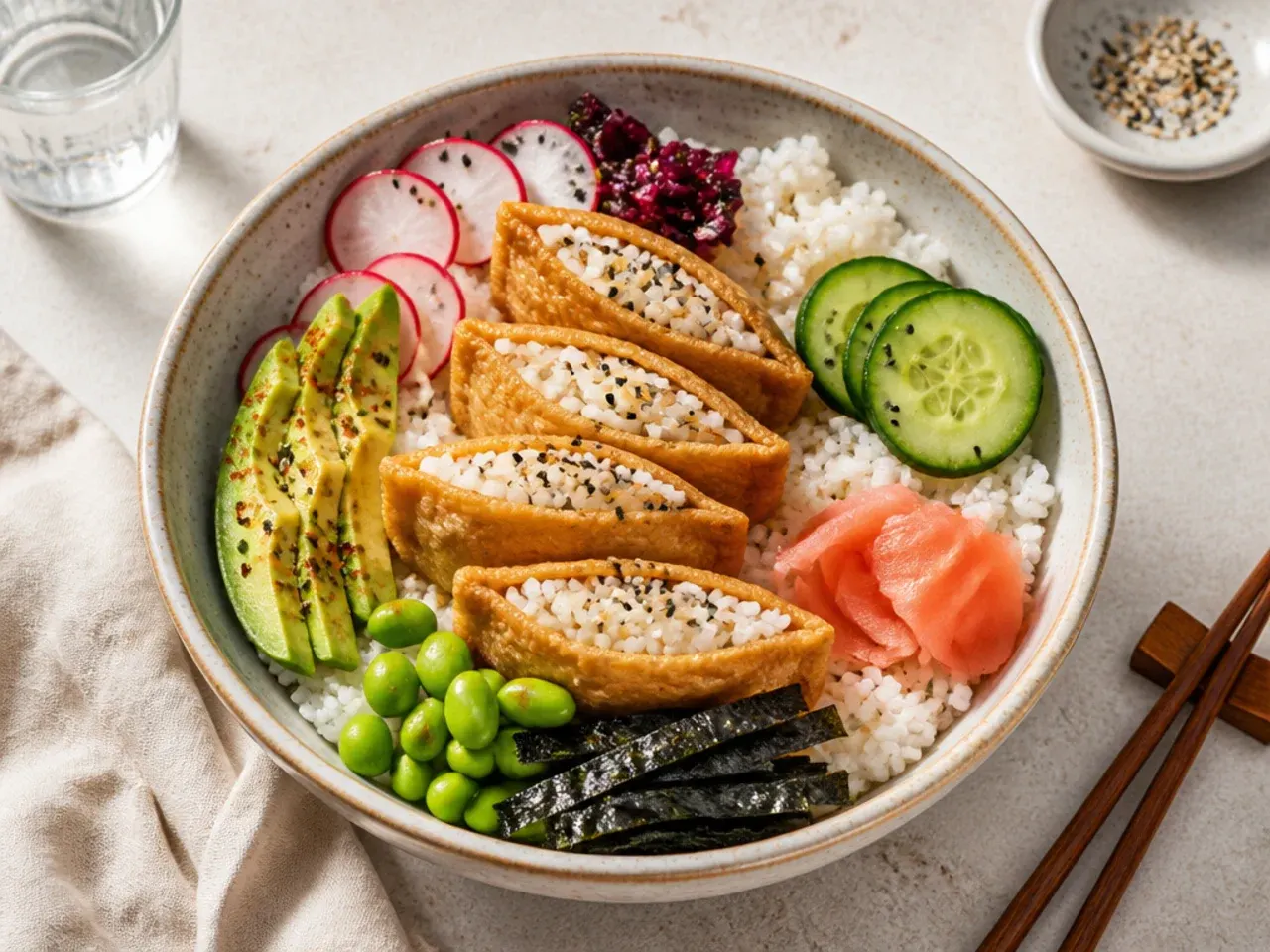 Vintage-style vegan sushi bowl with inari tofu pockets and Japanese pickles