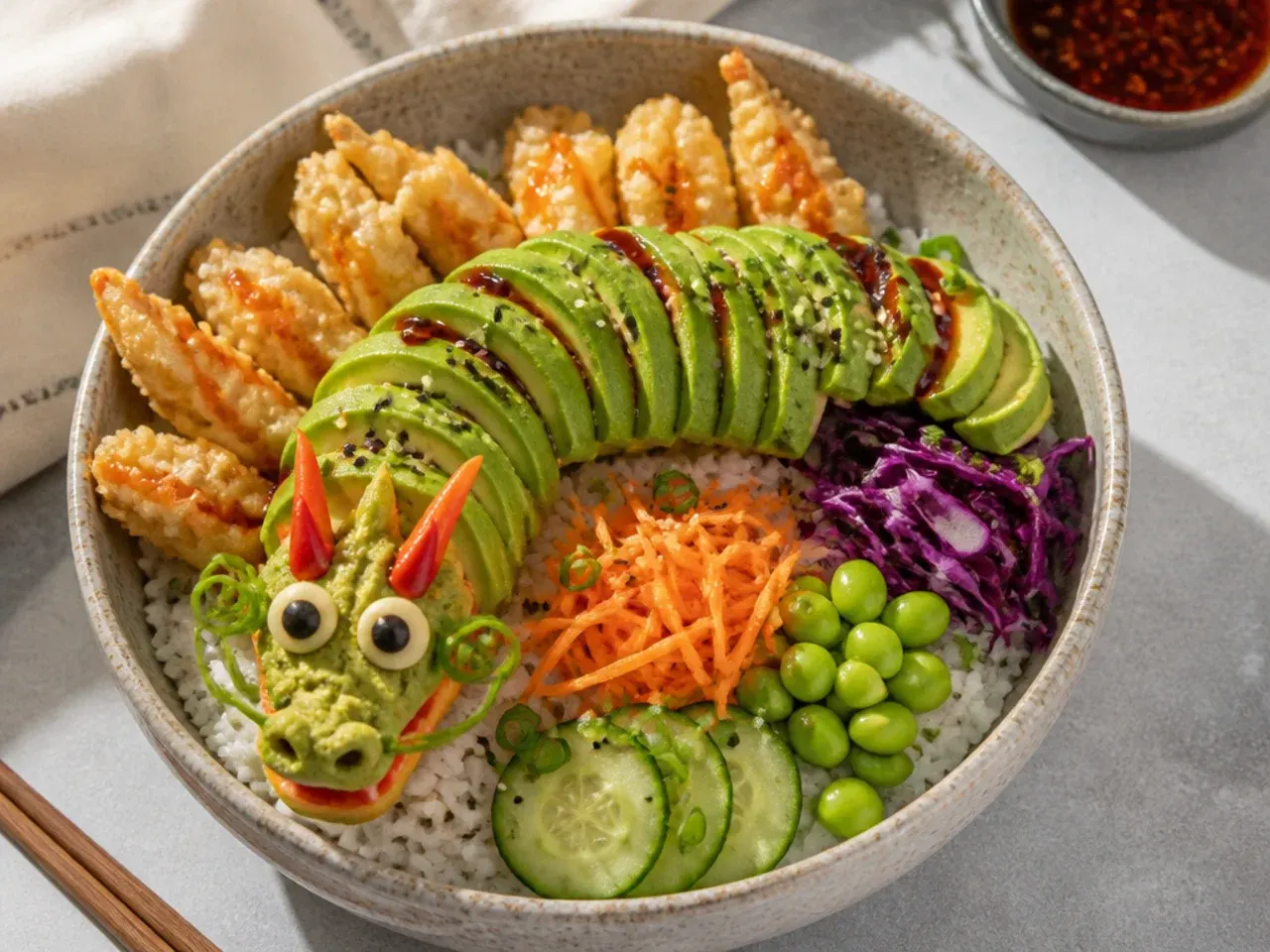 Creative vegan sushi bowl styled like a dragon roll with tempura and avocado scales