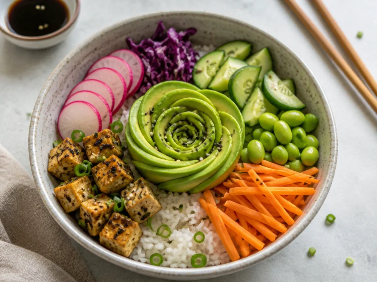 Charming vegan sushi bowl with a hand-shaped avocado rose centrepiece