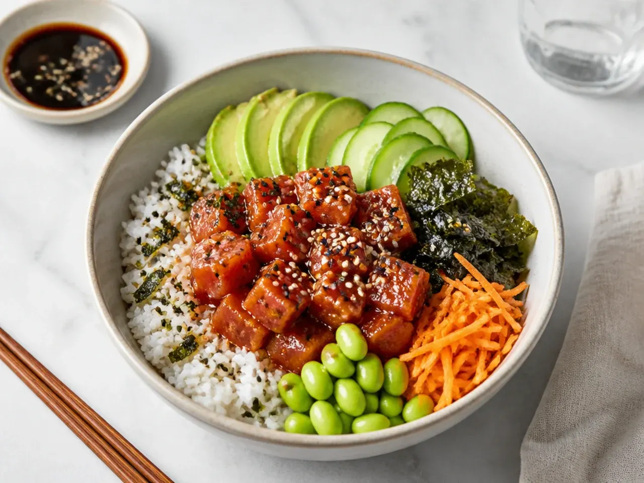 Classic-style vegan sushi bowl with spicy tuna made from marinated tomato