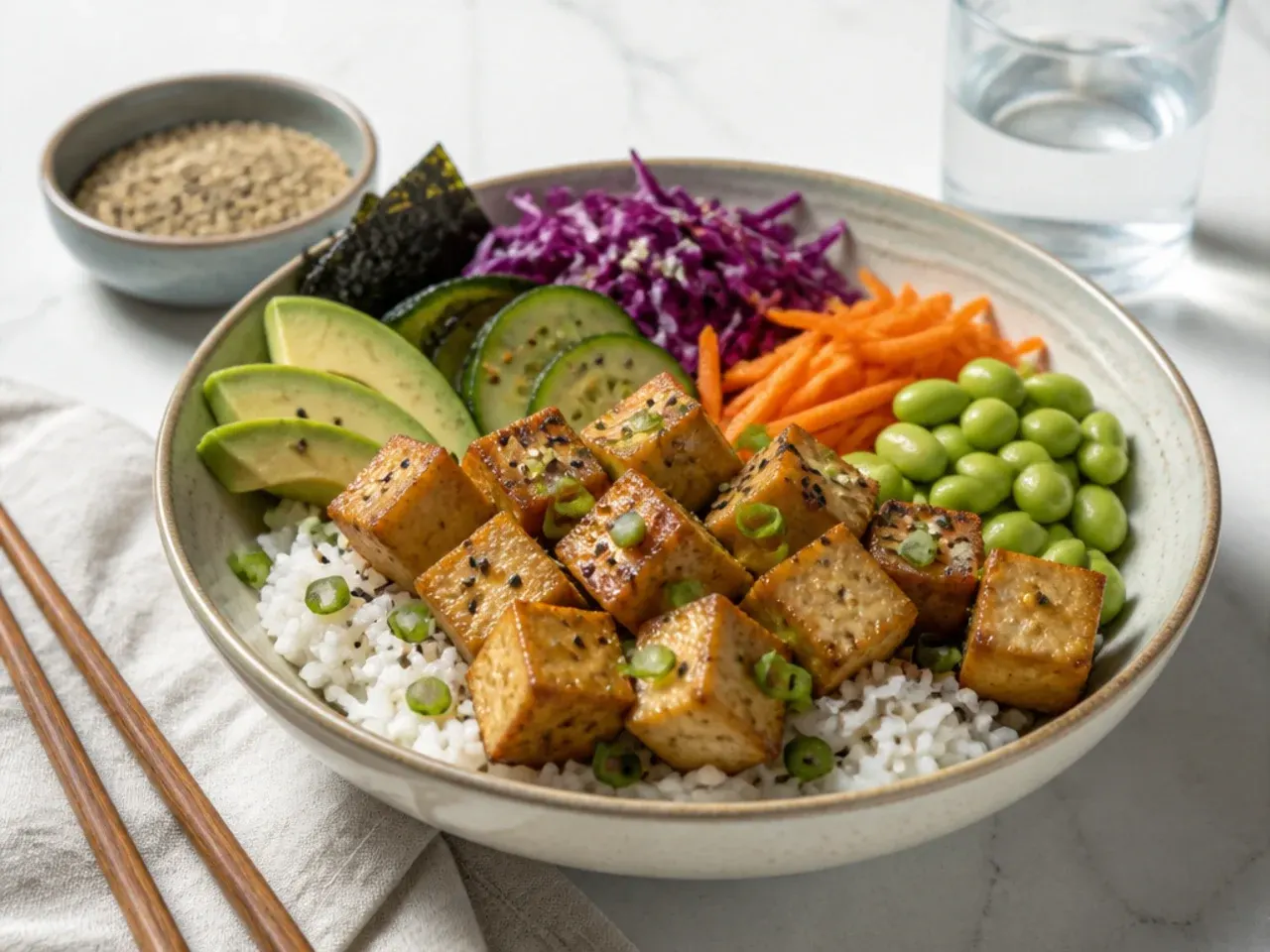 Easy vegan sushi bowl with golden air-fryer crispy tofu cubes over rice