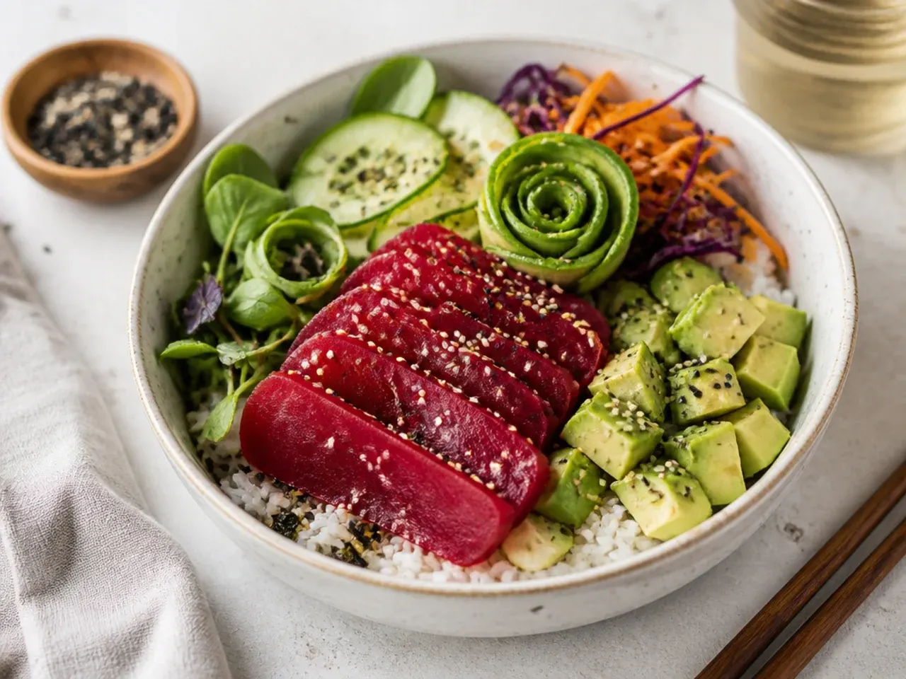 Elegant vegan sushi bowl with beetroot slices styled like salmon sashimi