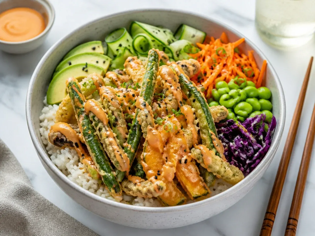 Playful vegan sushi bowl piled with crispy tempura vegetables over rice