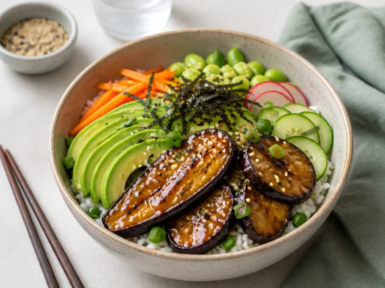 Modern vegan sushi bowl topped with sticky miso-glazed aubergine slices