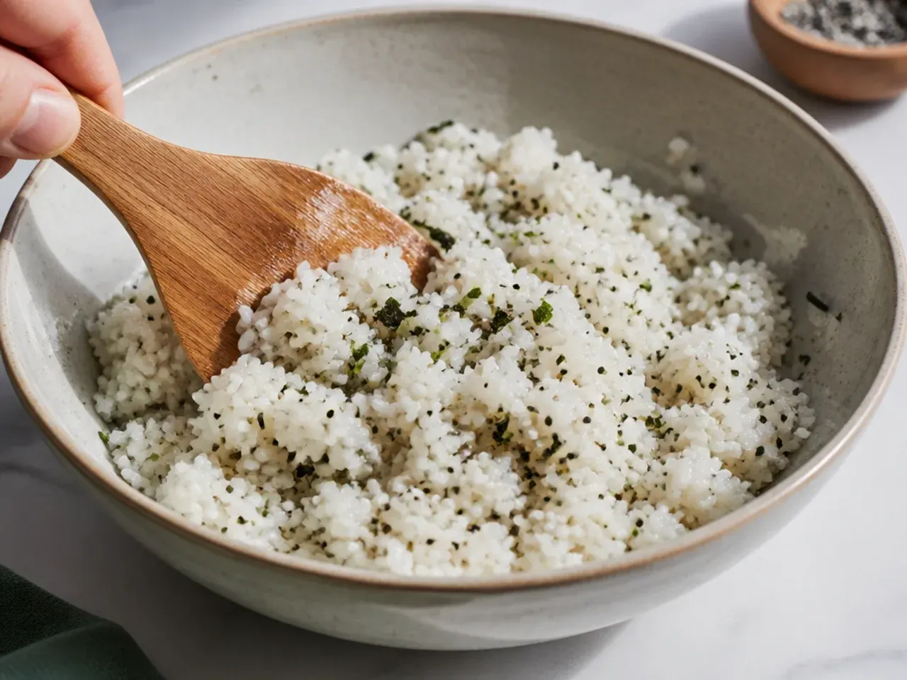 Close-up of glossy seasoned sushi rice being folded for a vegan sushi bowl