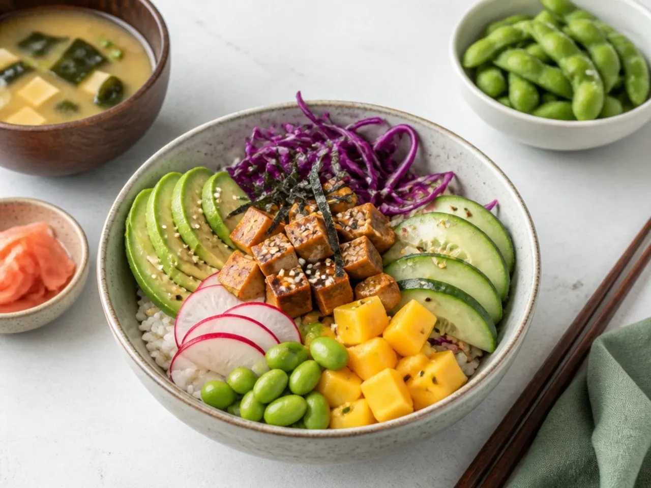 Vegan sushi bowl served with miso soup, edamame and pickled ginger