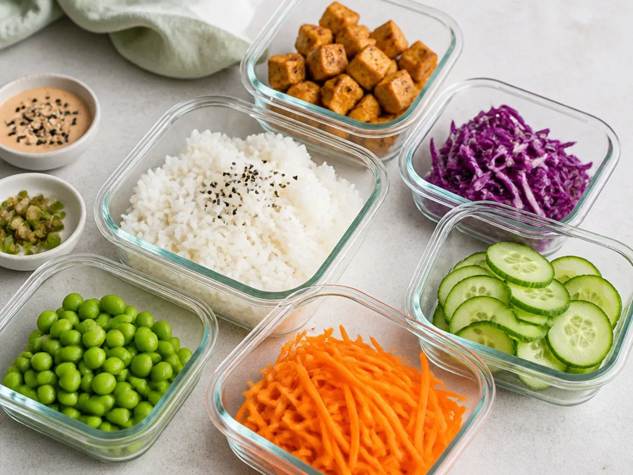 Meal-prep containers with vegan sushi bowl rice, tofu and veg stored separately