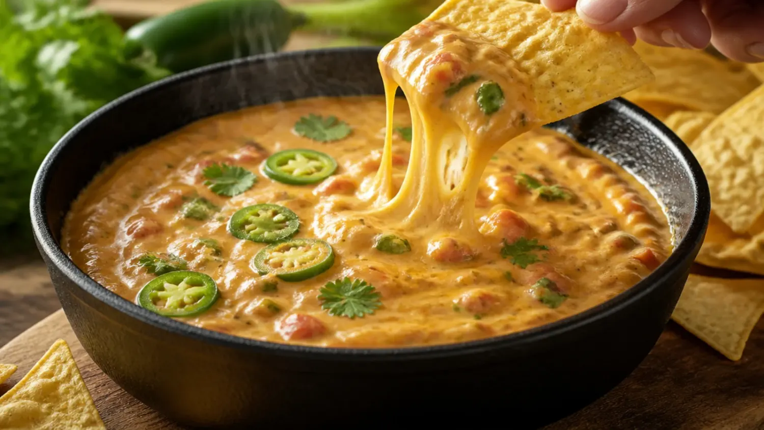 A bowl of melted velveeta rotel dip with visible tomato and chilli flecks, tortilla chips fanned around the edge