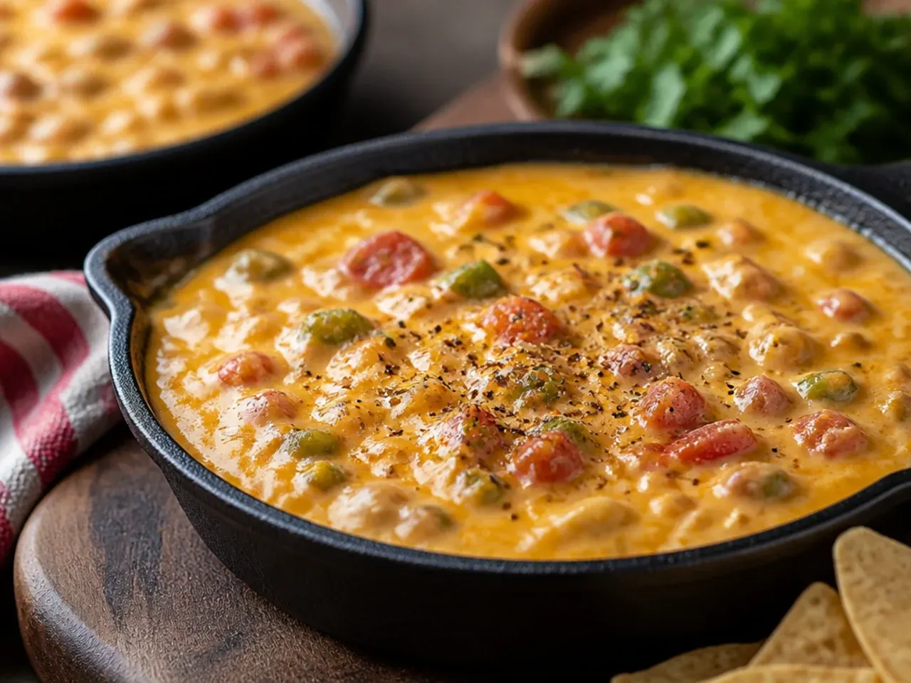 Pot of melting velveeta rotel dip on a stovetop set to a low flame