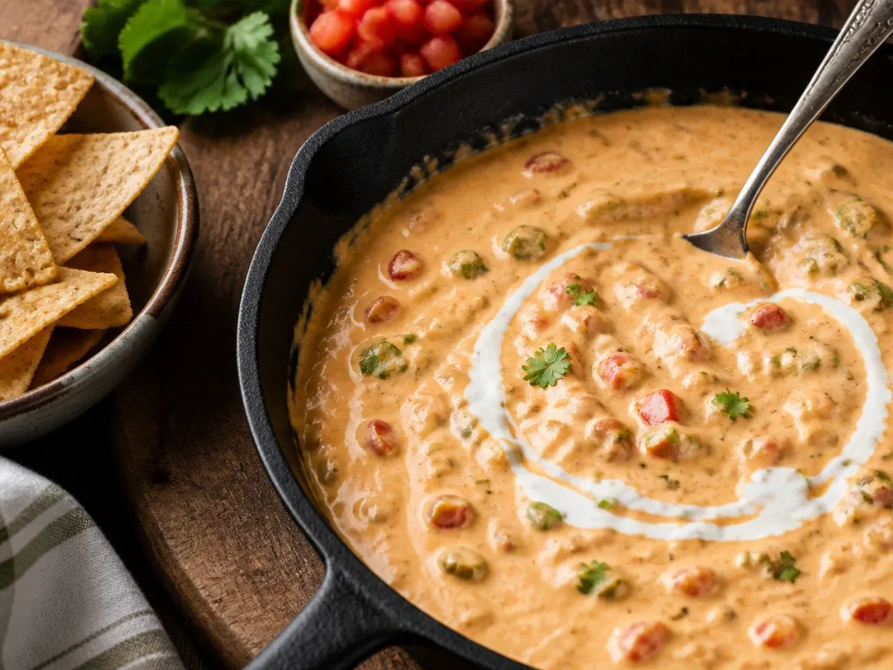 Milk being poured from a small jug into a pot of thick velveeta rotel dip