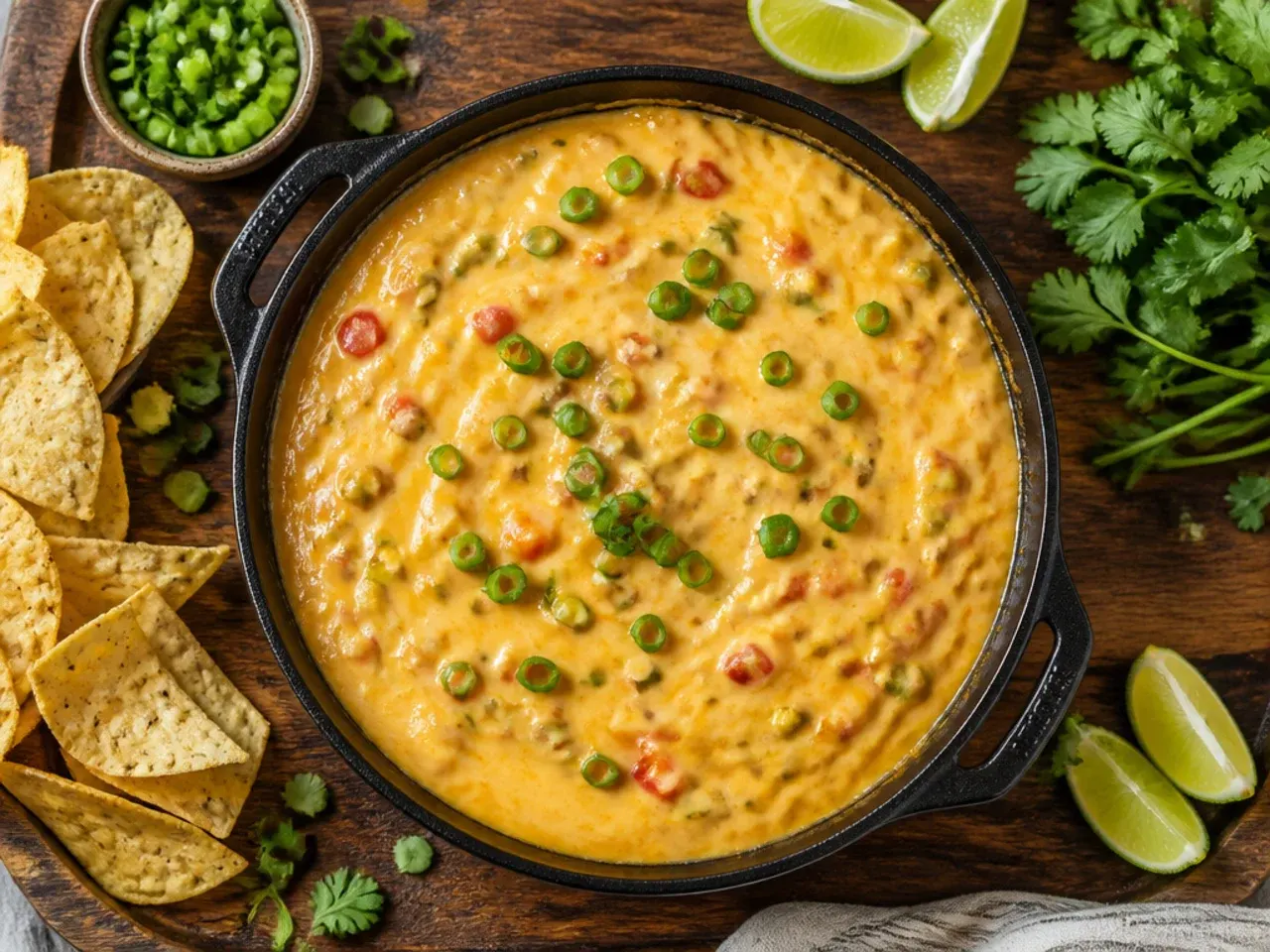 Wooden spoon dragging through a pot of fully melted velveeta rotel dip