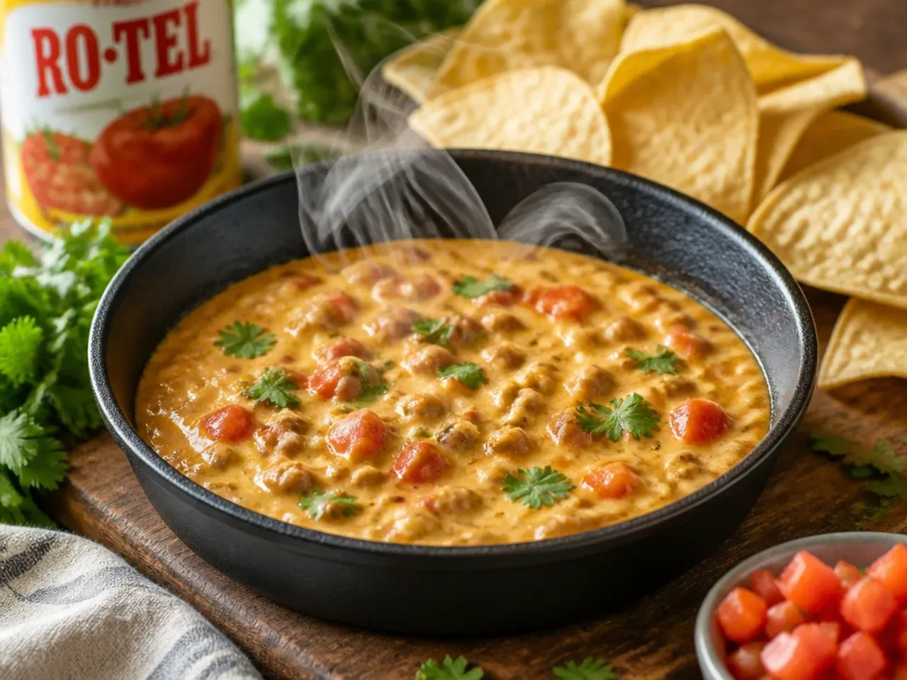 Tortilla chip being dipped into velveeta rotel dip for a taste test