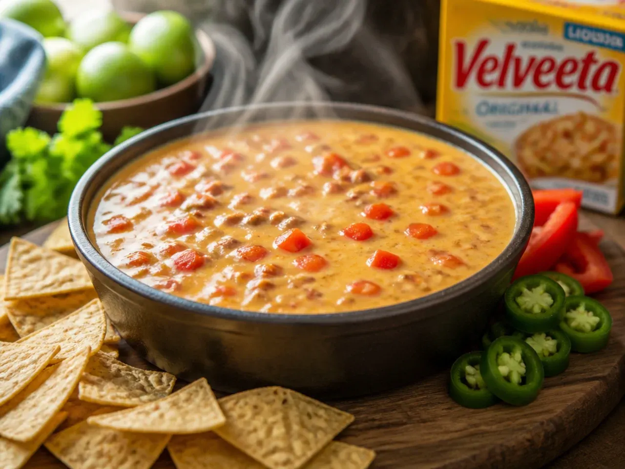 Deep serving bowl of velveeta rotel dip staying warm and smooth on a party table