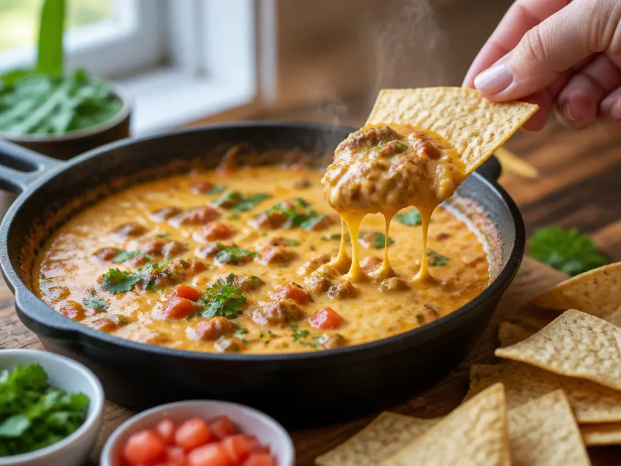 Finished bowl of velveeta rotel dip with tortilla chips, ready to serve to friends