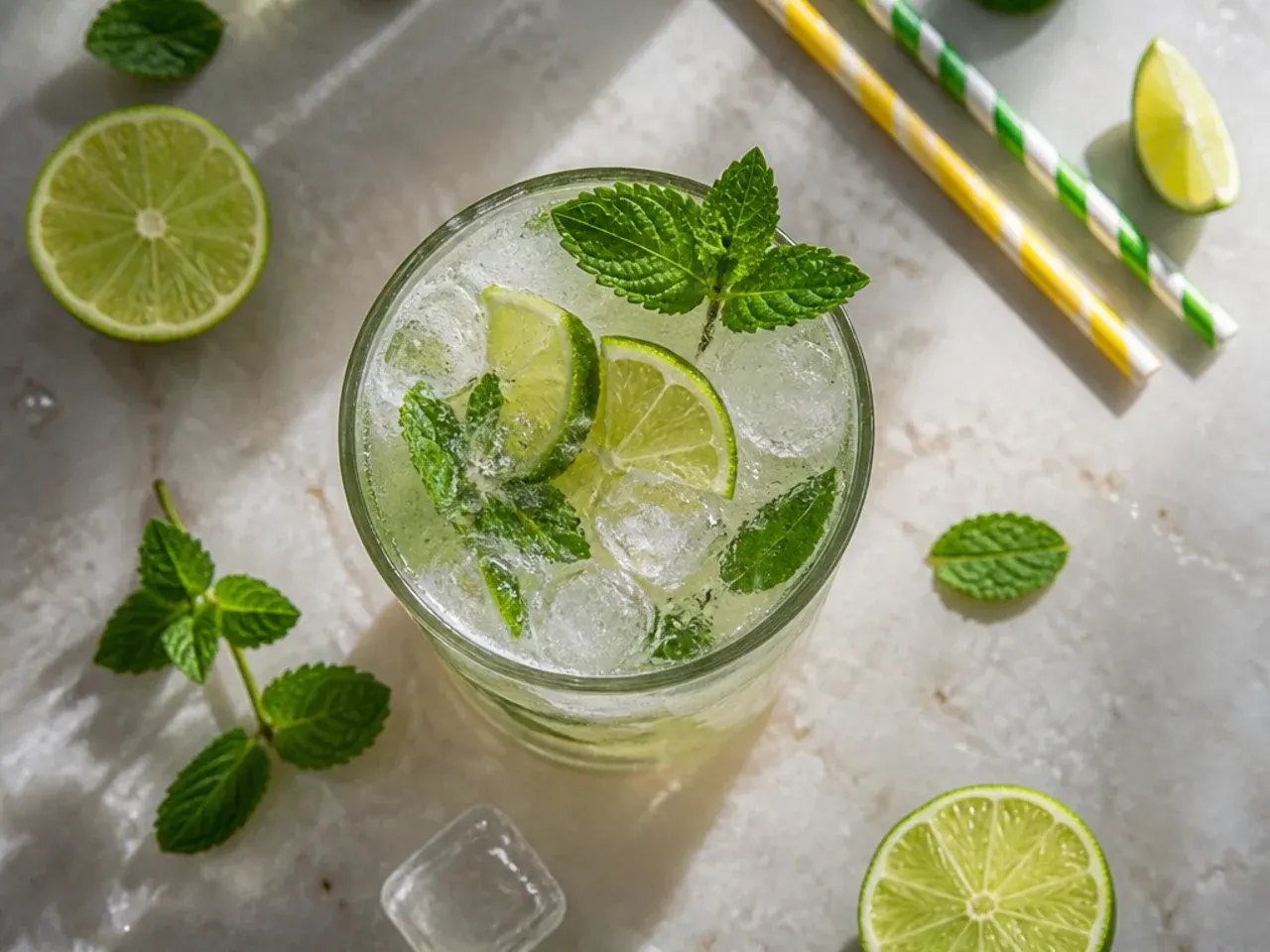 Iced virgin mojito in a tall glass with crushed ice, lime wedges and fresh mint