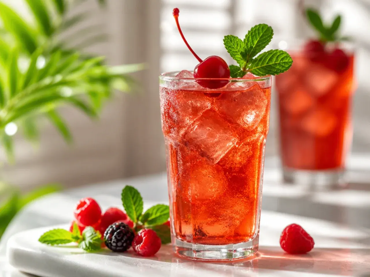 Classic Shirley Temple mocktail with a grenadine gradient and cherry garnish
