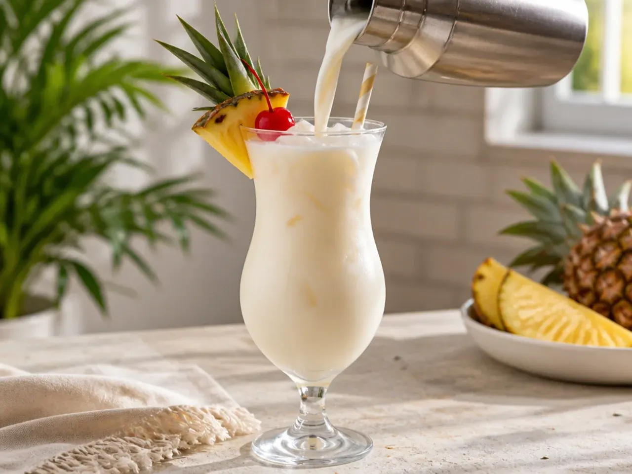 Creamy virgin piña colada in a hurricane glass with pineapple wedge garnish