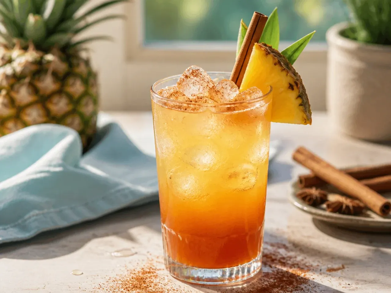 Refreshing virgin Mai Tai with a grenadine swirl and pineapple leaf garnish