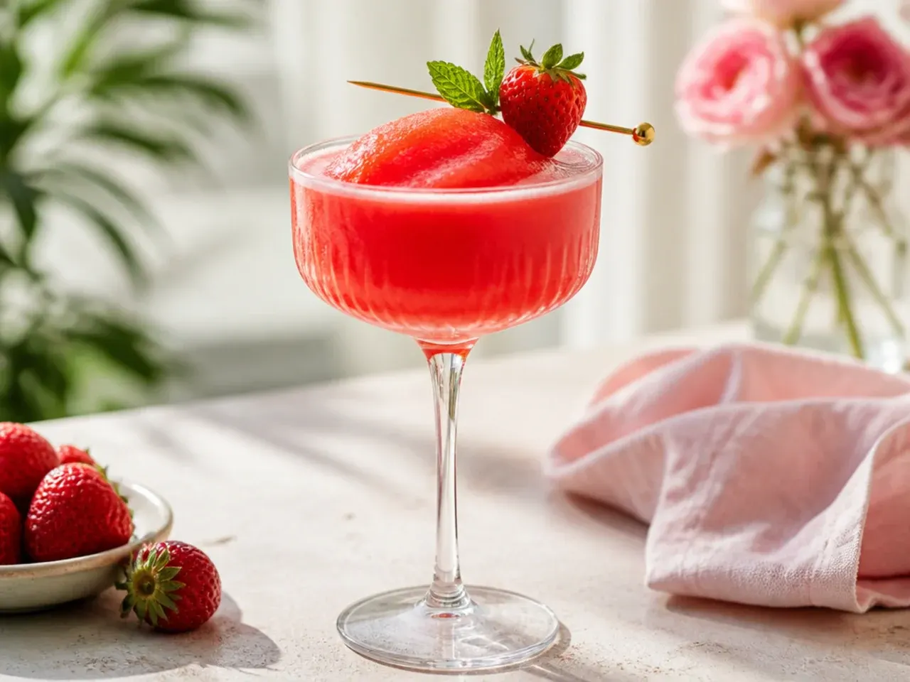 Sweet virgin strawberry daiquiri in a chilled glass with a strawberry garnish