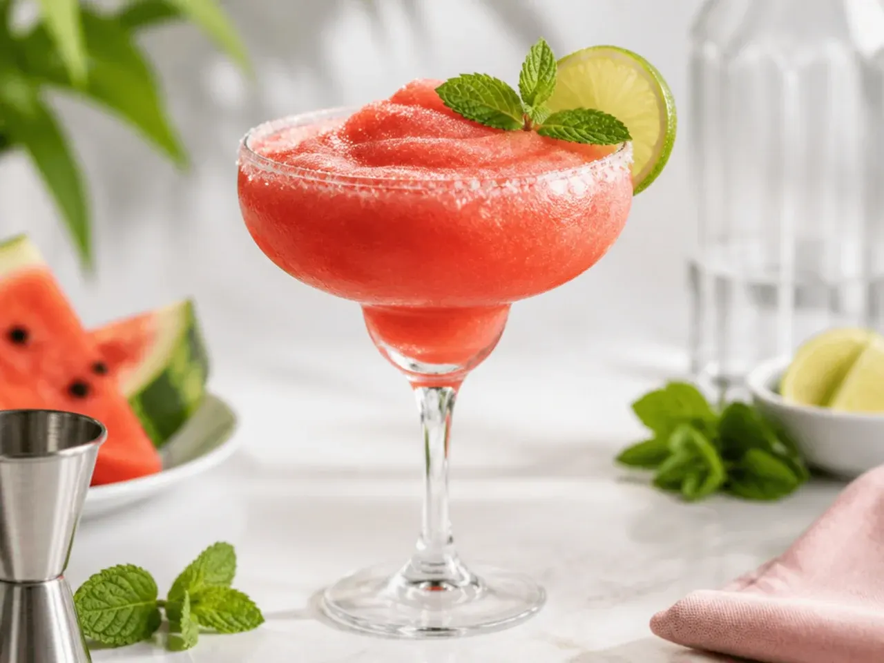 Frozen watermelon virgin margarita in a salt-rimmed glass