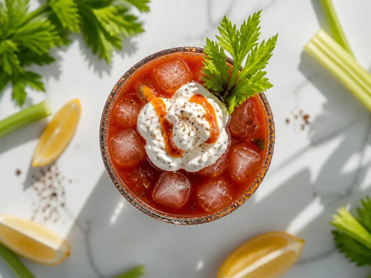 Easy three ingredient virgin Mary with celery stick and olive garnish