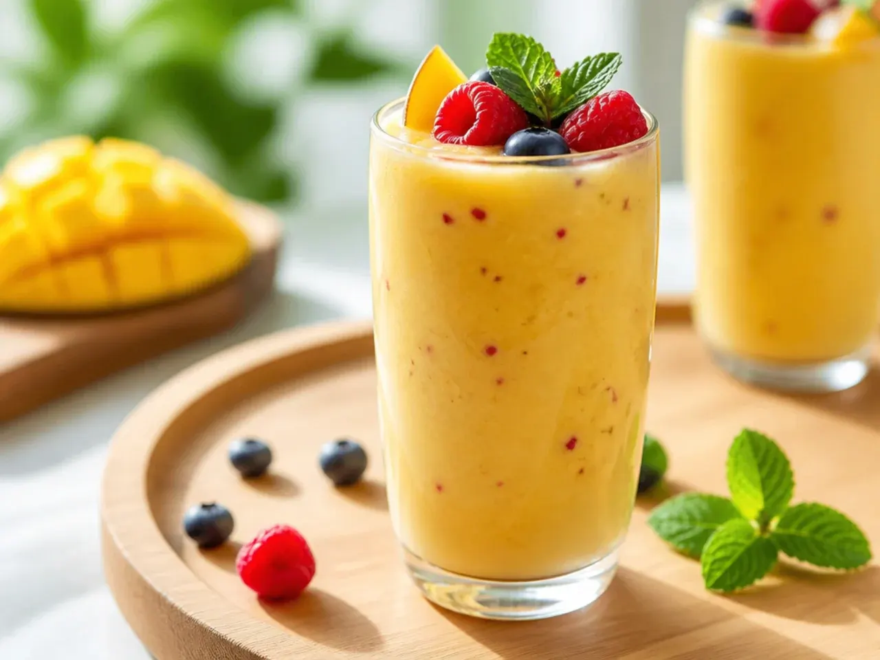 Blended mango lassi cooler in a glass topped with pistachio slivers