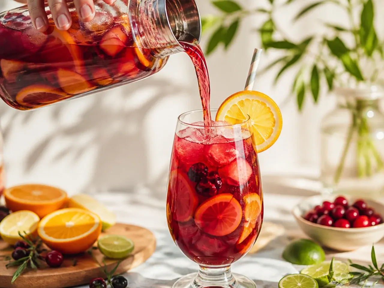 Festive virgin sangria punch in a large pitcher with chopped fruit