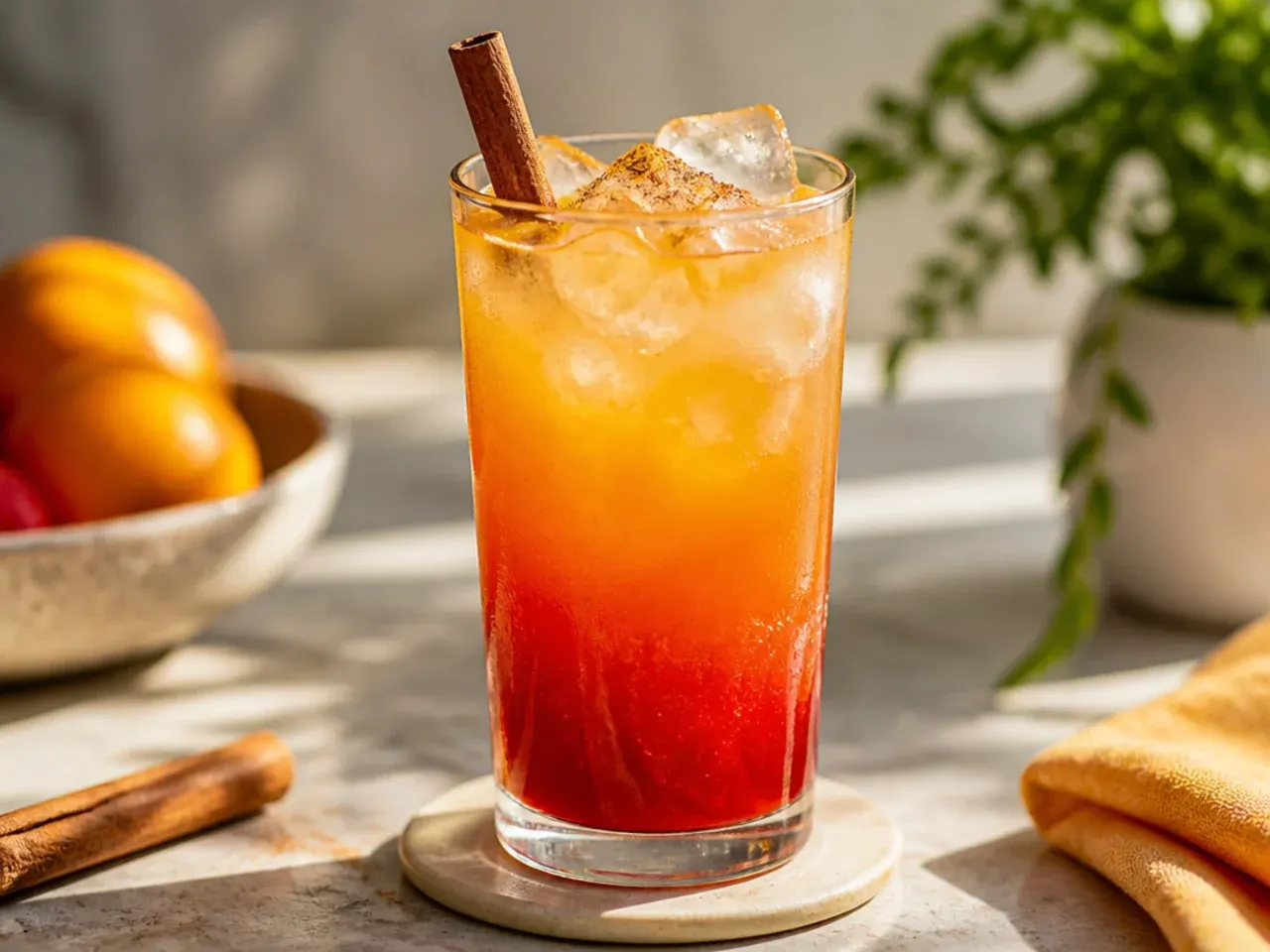 Layered virgin tequila sunrise showing an orange to red gradient