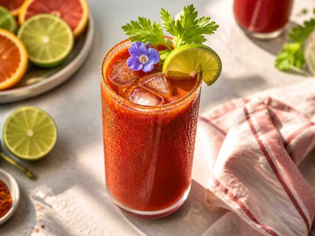 Bold virgin Bloody Maria in a chilli-salt-rimmed glass with jalapeño garnish