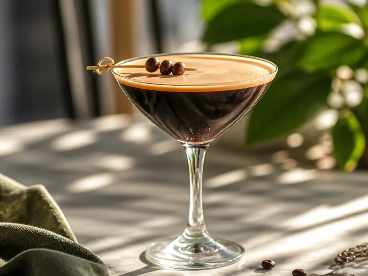Smooth virgin espresso martini with foamy top and coffee bean garnish