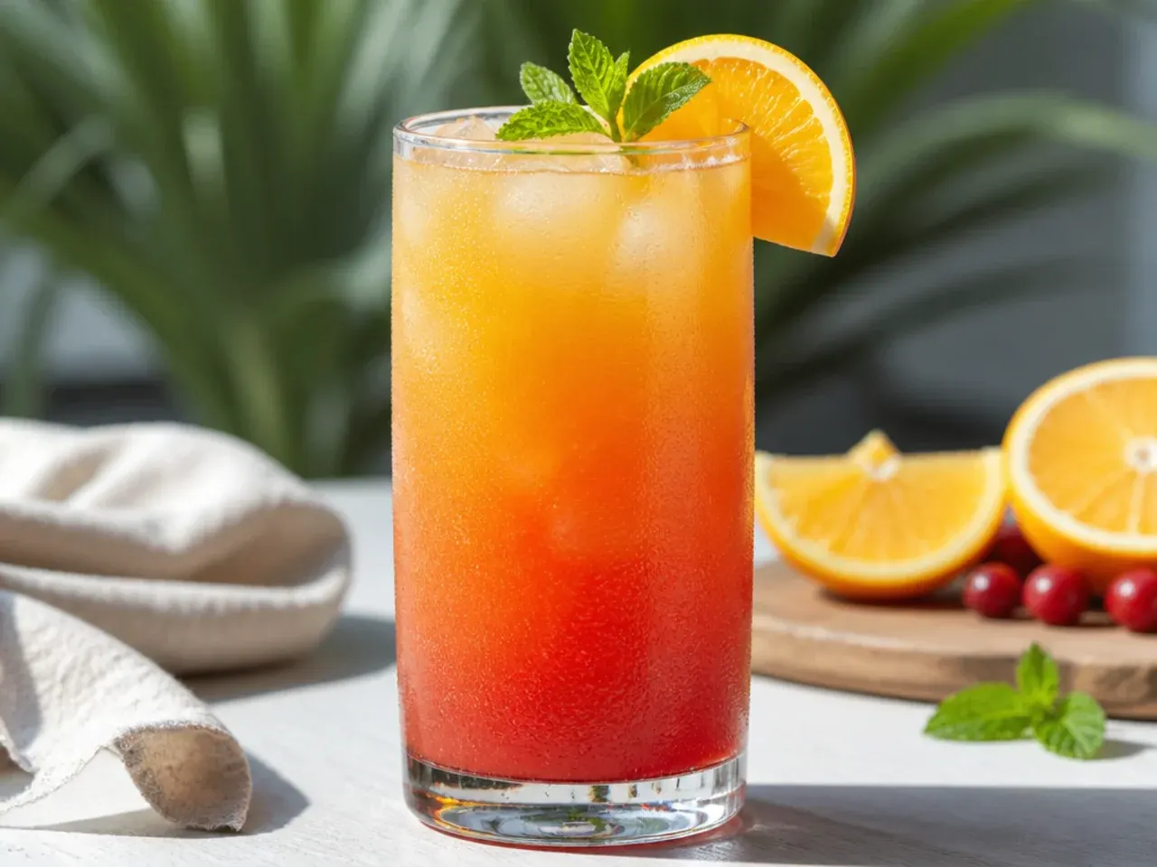 Iced virgin sex on the beach mocktail with orange slice and peach garnish
