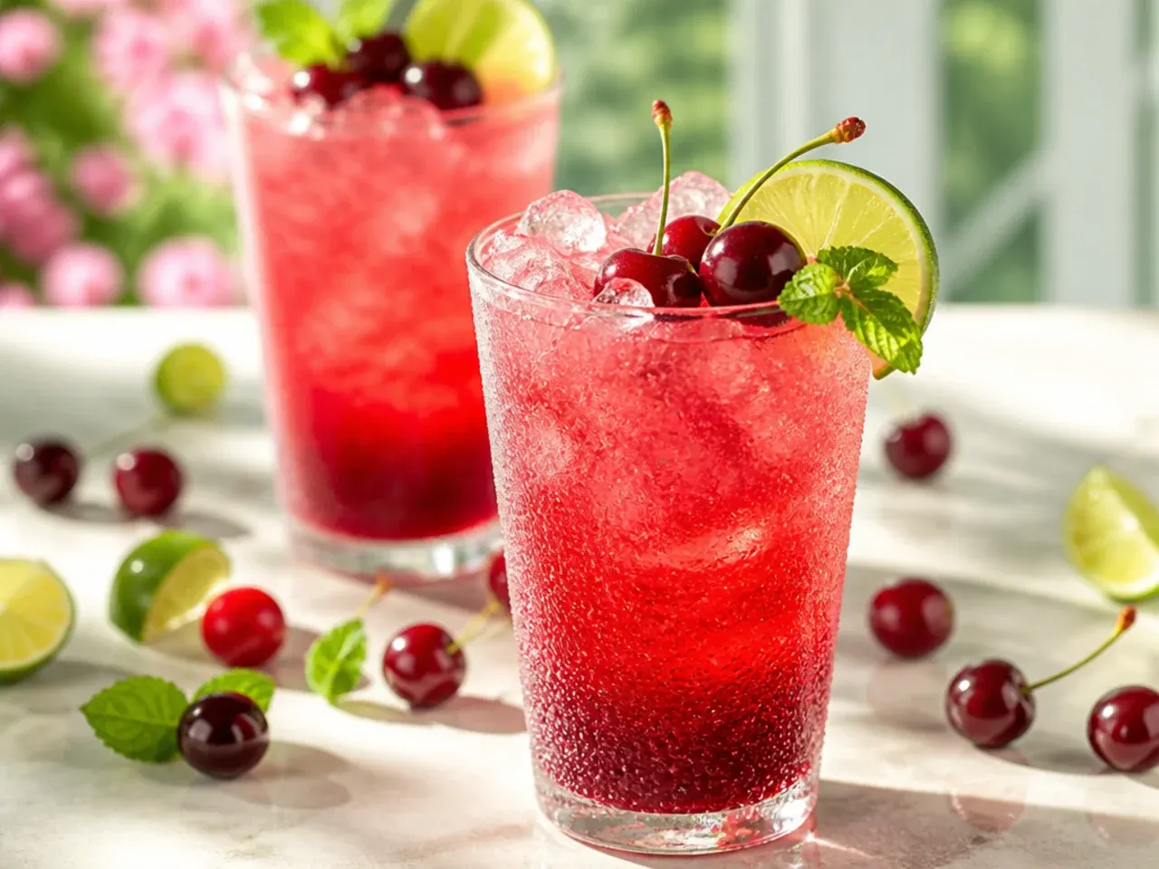 Copycat Sonic cherry limeade over crushed ice with lime wedge garnish
