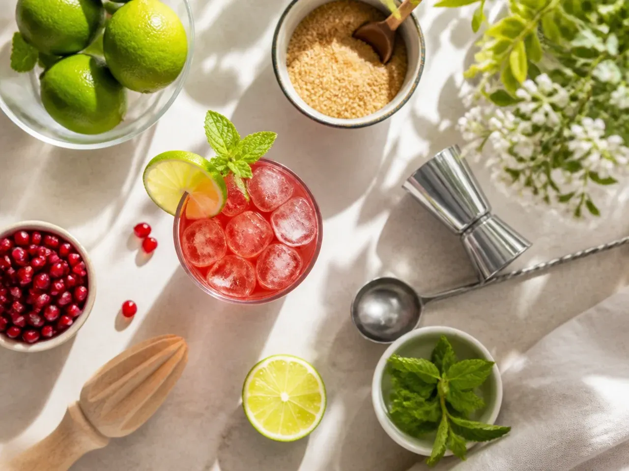 Close-up of hands preparing virgin drinks with fresh citrus and ice on a bar counter