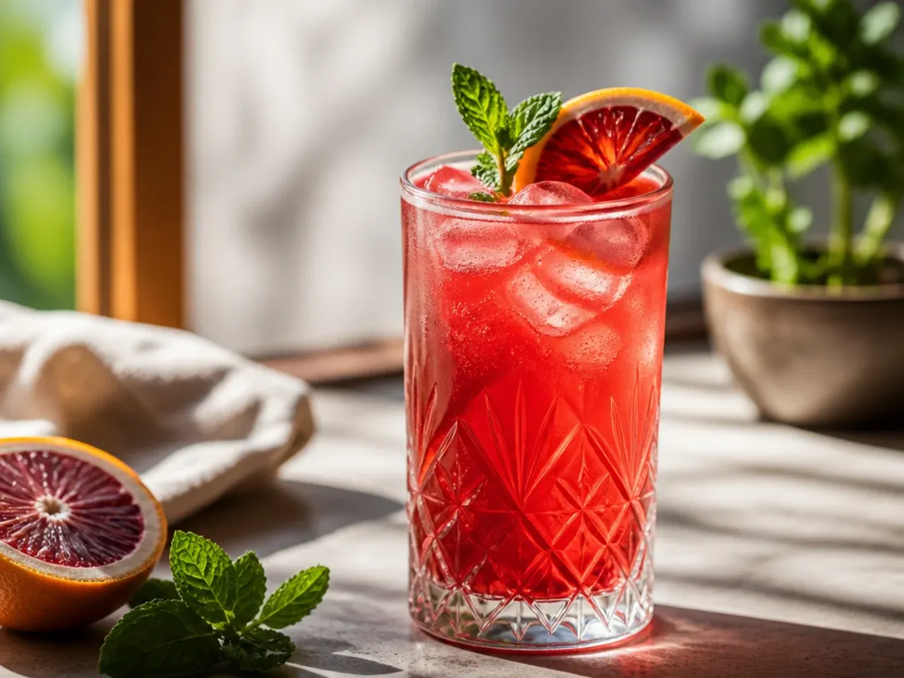 Virgin drinks served with sugar-rimmed glasses, mint sprigs and skewered fruit garnishes