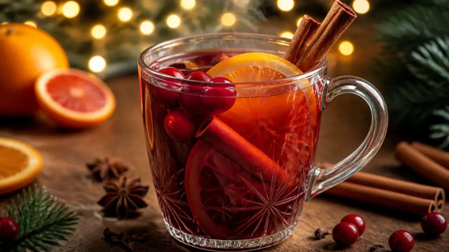 A wooden tray of warm holiday drinks in glass mugs, topped with whipped cream, cinnamon sticks and orange slices, surrounded by fairy lights