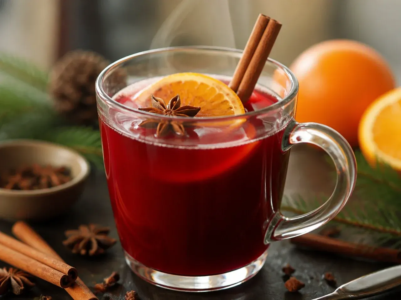 Overhead shot of several warm holiday drinks in mugs and glasses arranged on a table with cinnamon sticks and star anise