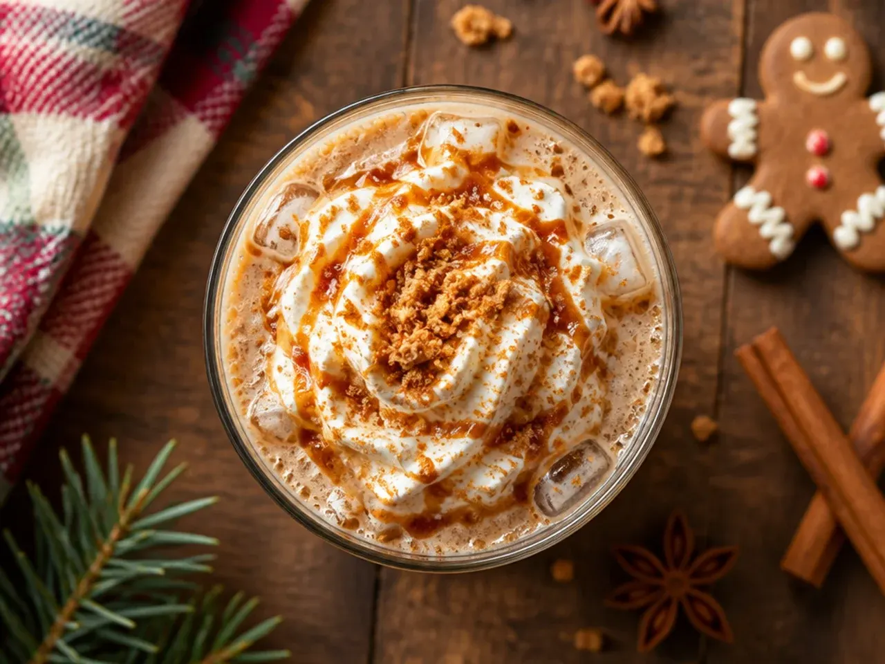 Iced gingerbread coffee in a tall glass with whipped cream and a dusting of ginger, next to gingerbread cookies