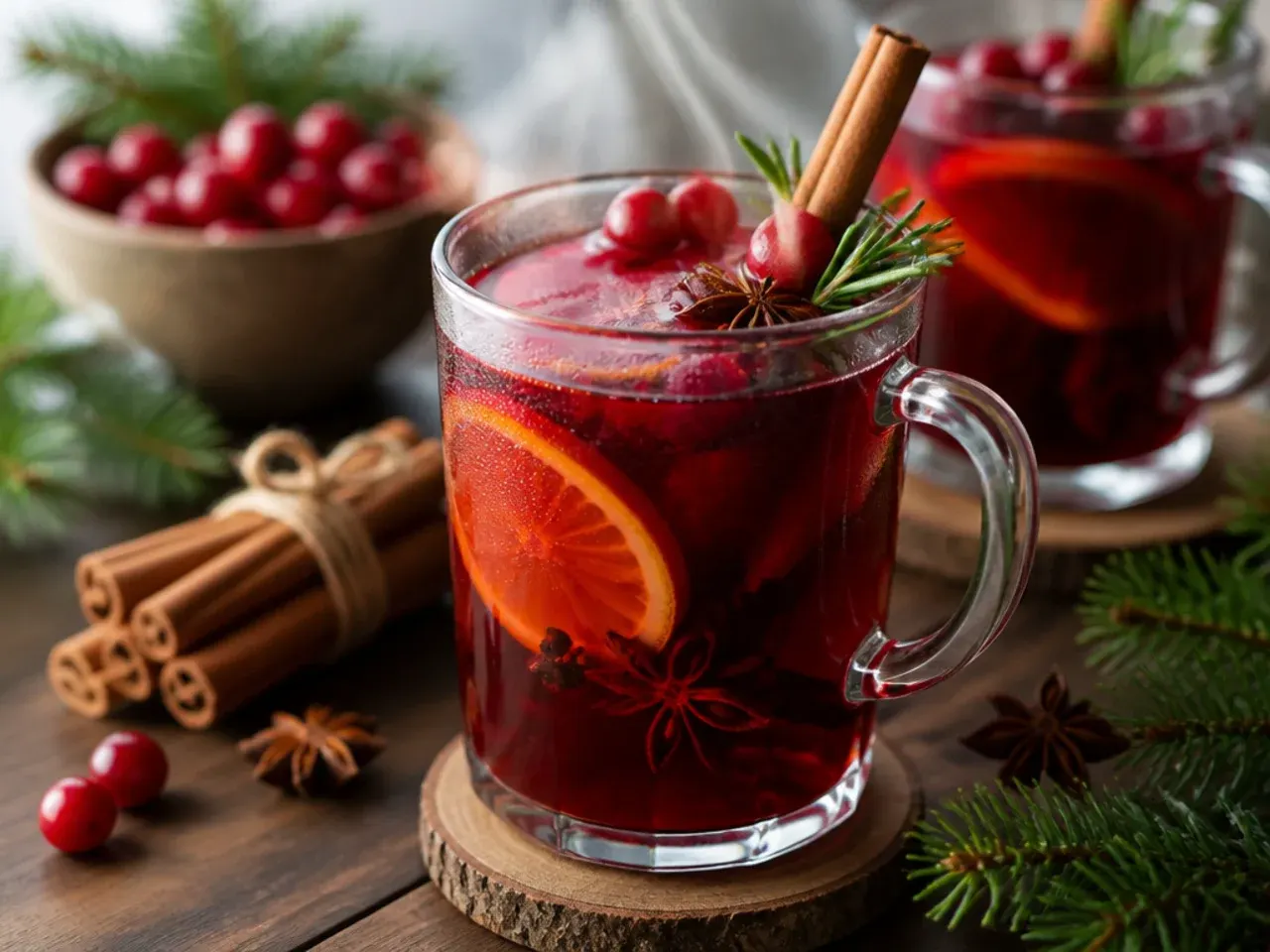 A ladle pouring classic spiced mulled wine into a glass mug garnished with an orange slice and cinnamon stick