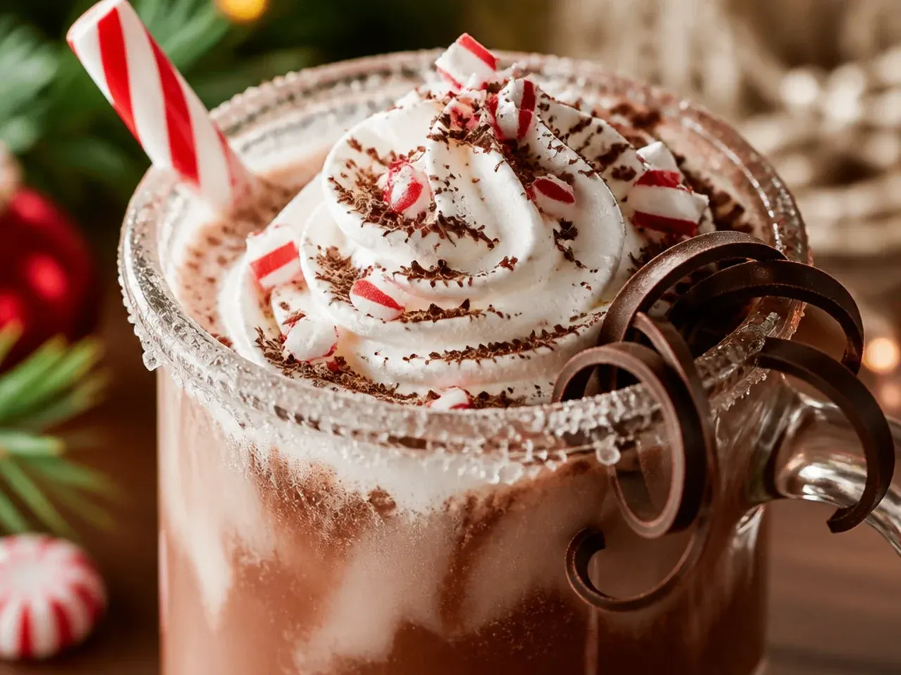 Copycat peppermint mocha in a clear glass mug topped with whipped cream and crushed candy cane pieces