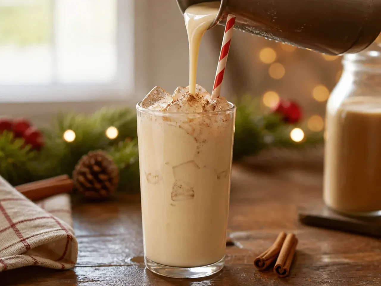Creamy eggnog latte in a mug with a dusting of fresh nutmeg on top, set against a festive background