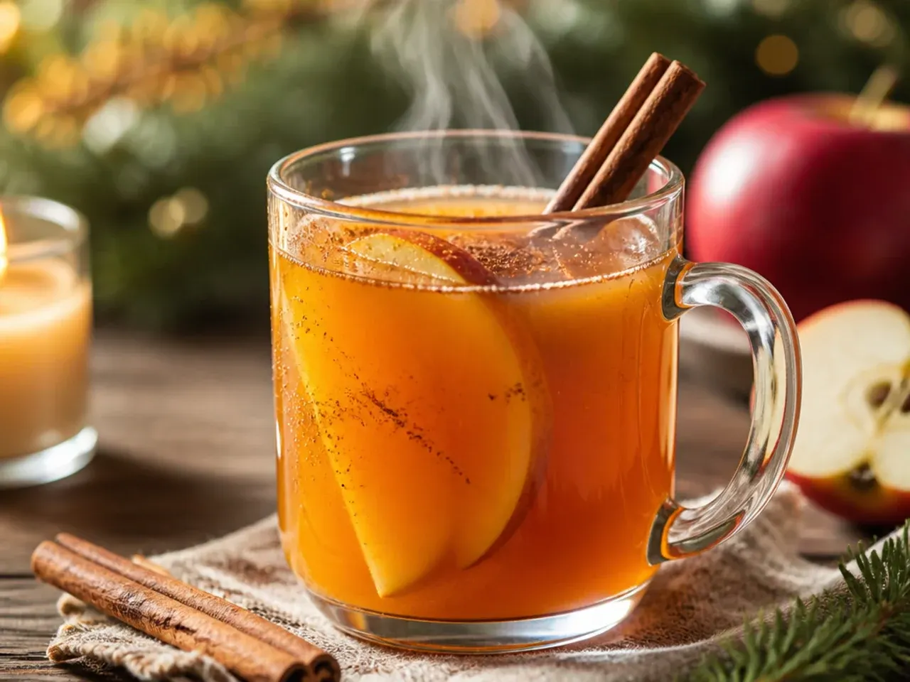Mug of warm spiced apple cider with a cinnamon stick and orange slice floating on top, steam rising