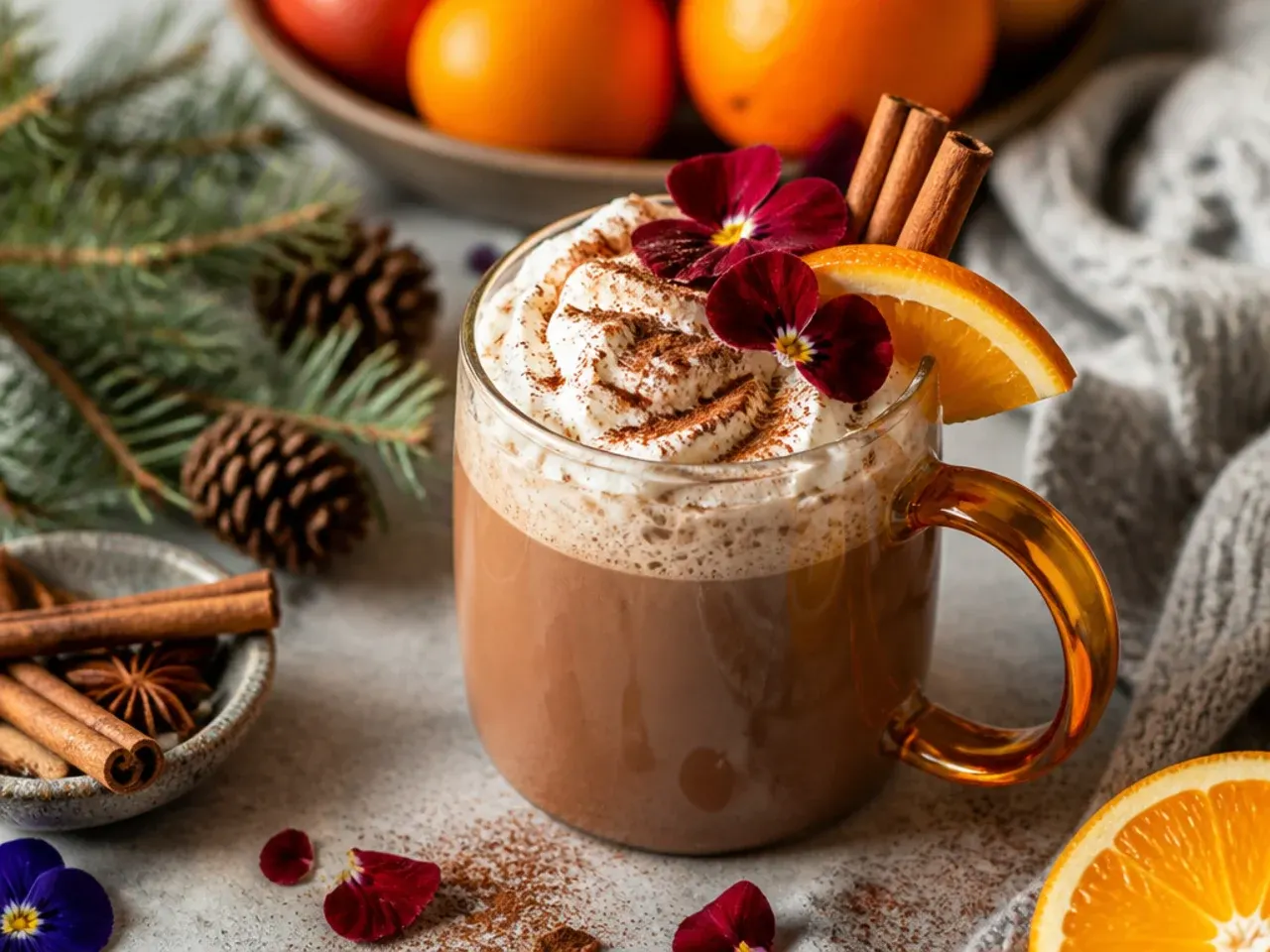 Mug of cozy cinnamon hot chocolate topped with melting marshmallows and a cinnamon stick