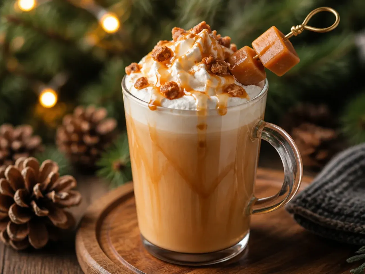 Sweet caramel toffee latte in a glass mug with caramel drizzle and whipped cream on top