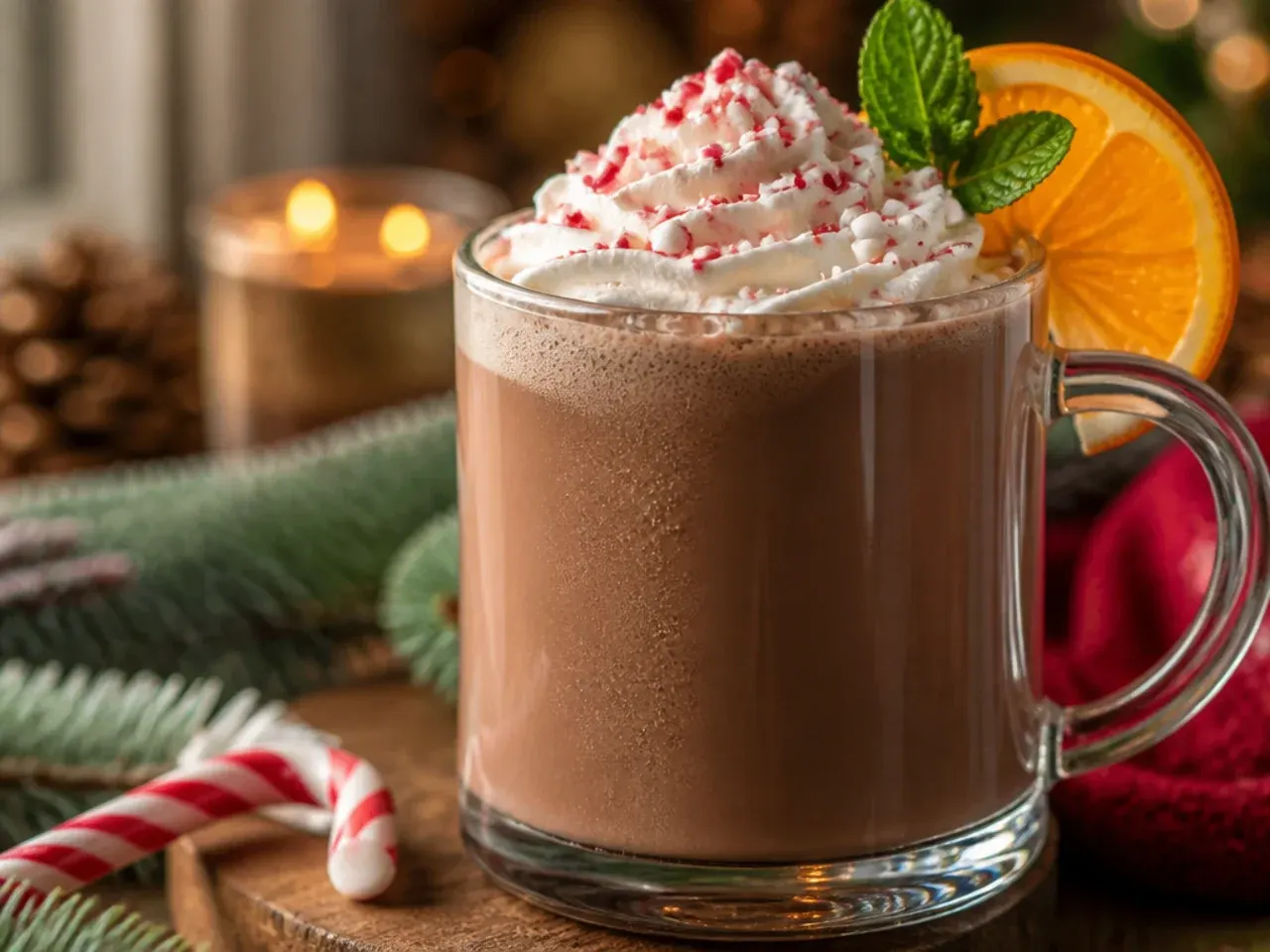 Peppermint hot chocolate with a tall swirl of whipped cream and crushed candy cane, styled to look snow-capped