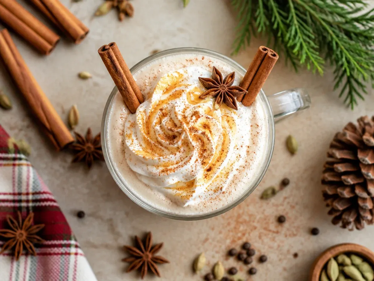 Easy spiced chai latte in a glass mug with a light foam top dusted with cinnamon