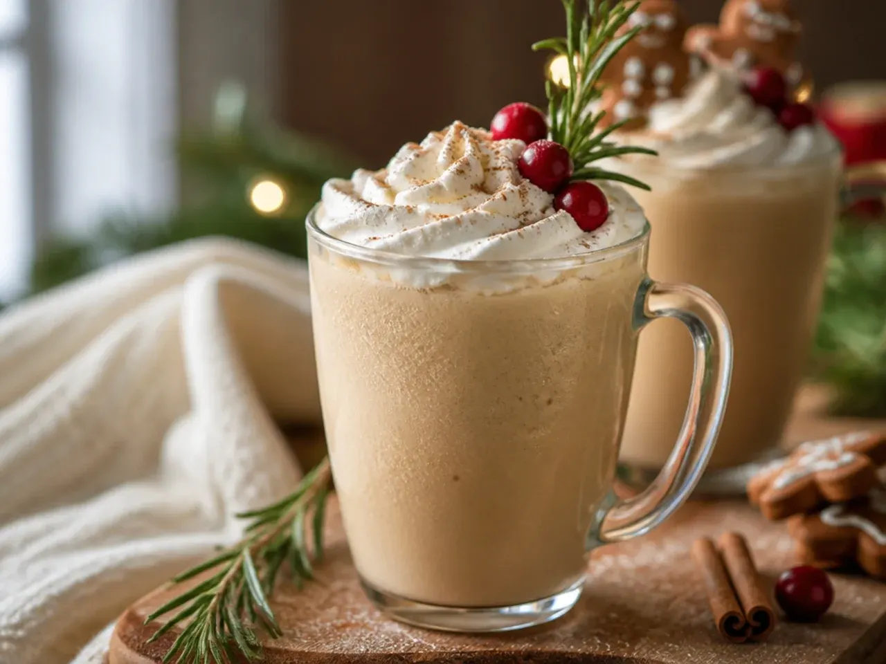 Frothy blended gingerbread steamer in a clear glass mug with visible milk foam and a sprinkle of cinnamon