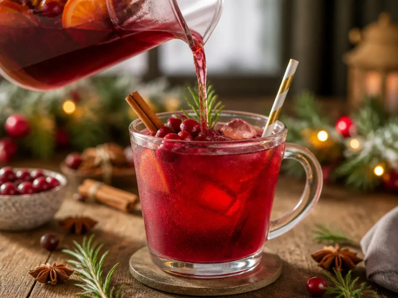Festive cranberry mulled cider in a glass mug with floating fresh cranberries and a cinnamon stick