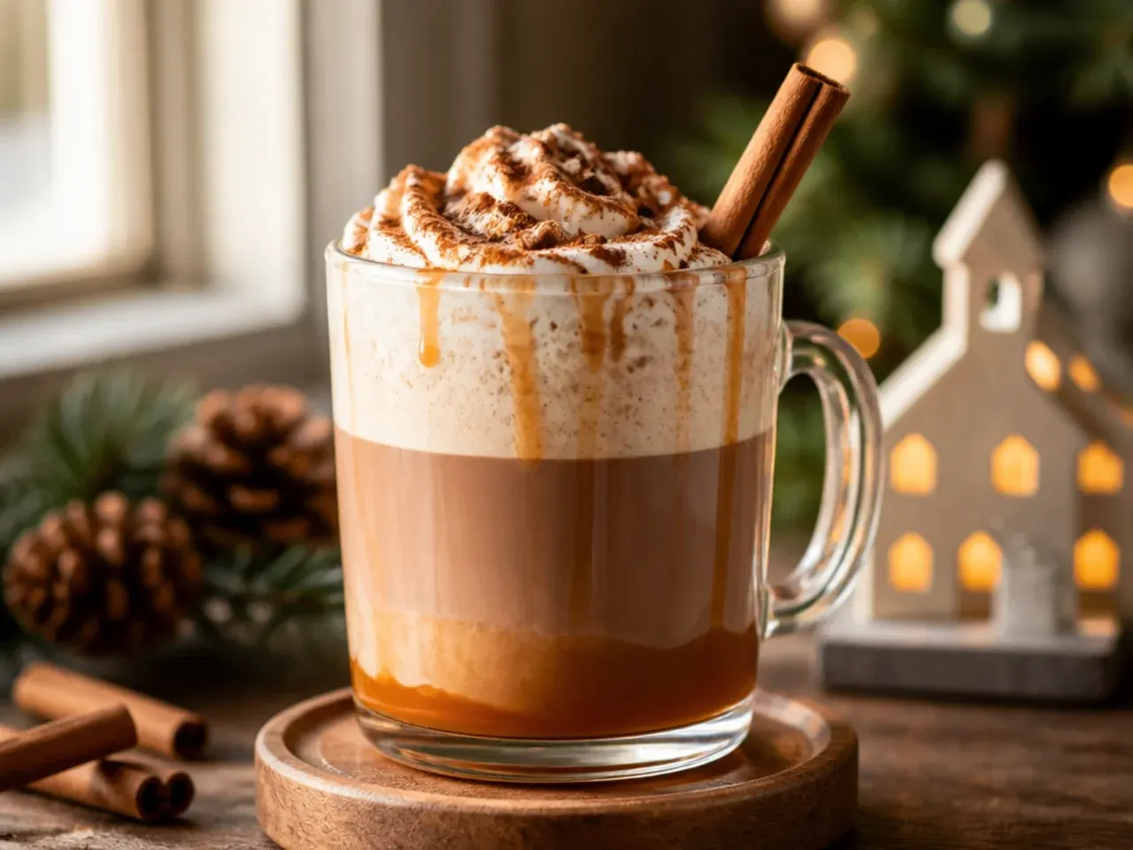 Layered salted caramel hot chocolate in a clear glass mug showing distinct caramel and cocoa layers